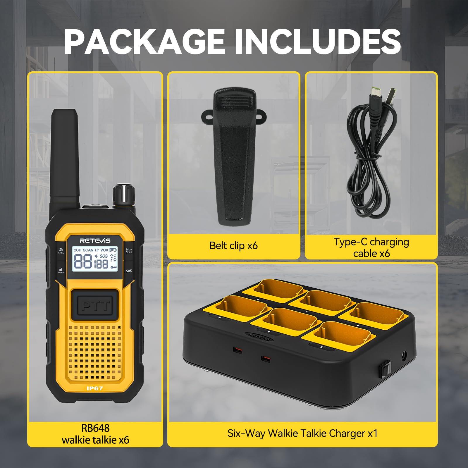 Retevis RB648 Walkie Talkies for Adults, Heavy Duty 2 Way Radio with 6 Way Charger, IP67 Waterproof, Shock Resistant, 2000mAh, Rugged Walkie Talkie for Jobsites Industrials (6Pcs, Yellow) — view 9