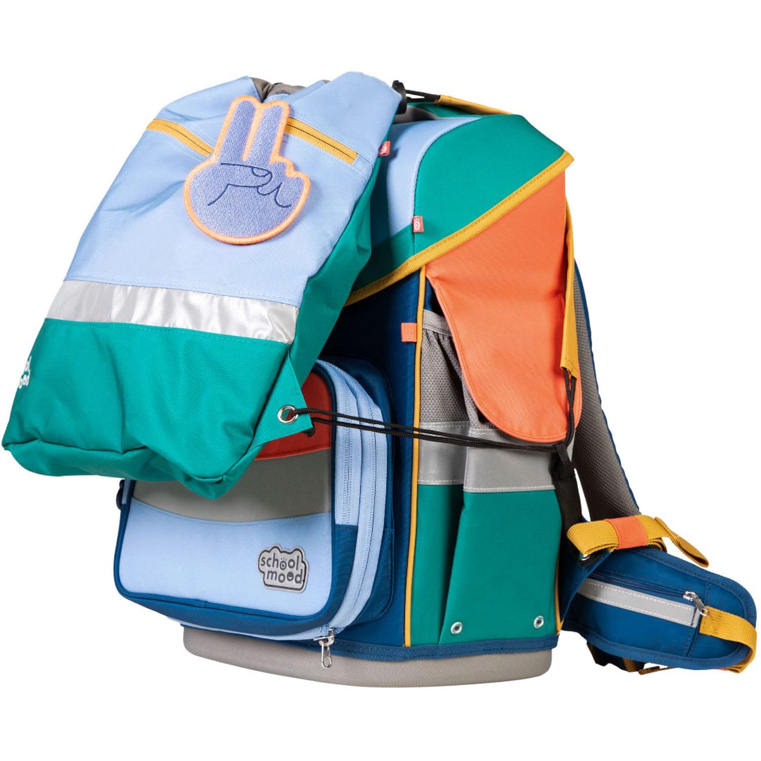 SCHOOL-MOOD Timeless Pro Schulranzenset 7-teilig 23,5L Stauraum, ergonomisches Easy Fit System für 1 m bis 1,50 m Körpergröße, standfest, wasserabweisender Stoff mit Reflektoren (Happy Sapphire)