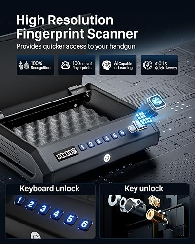 Miniatura 2 de Large Biometric Gun Safe fits 4 pistols, 100 Sets of Fingerprint Handgun Safe with Internal Light & Silent Mode, Emergency Power Supply Gun Lock Box