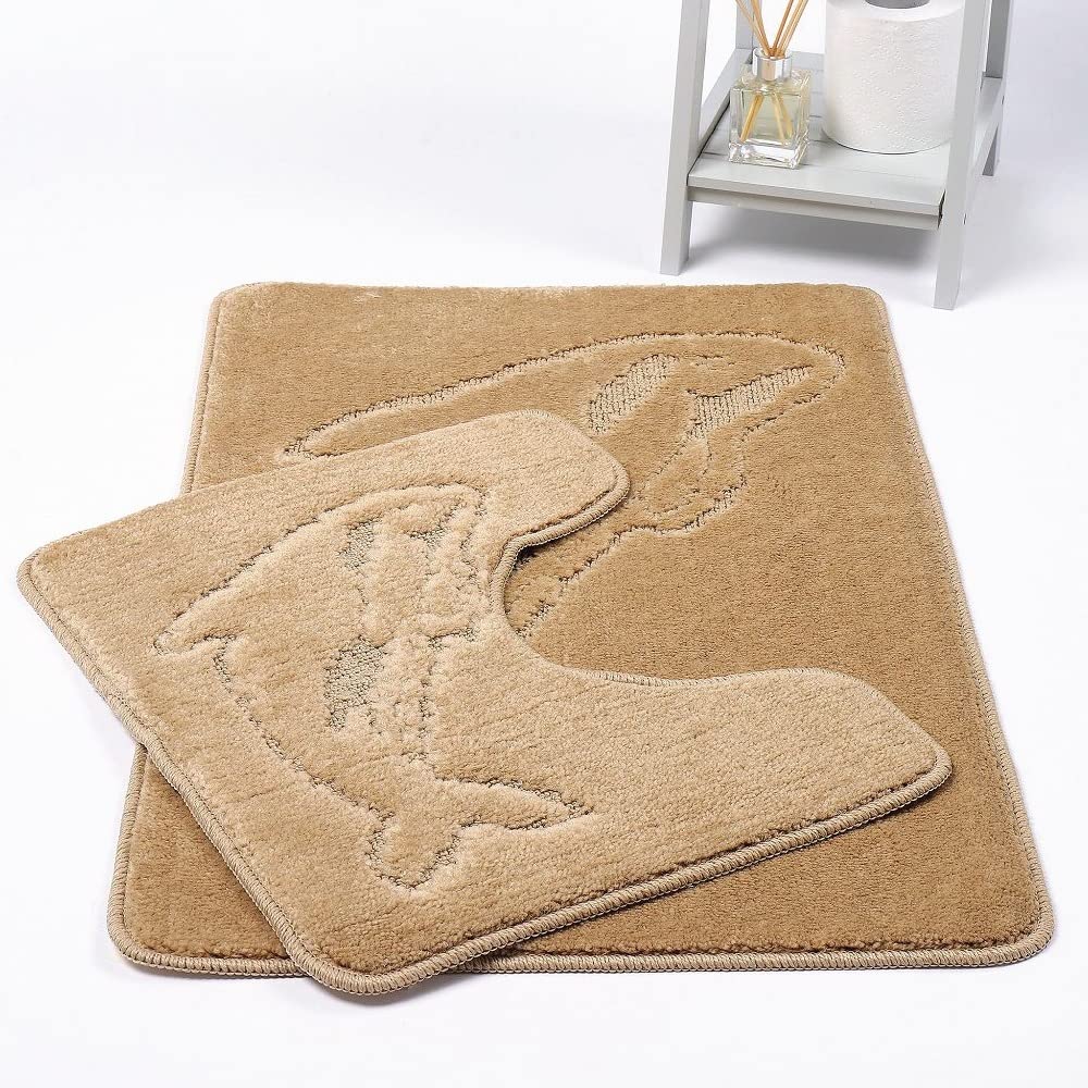ER Direct 2Pcs DOLPHIN DESIGN Bath Set Non Slip and Absorbable Super Soft Toilet Rugs Set, 100% Polypropylene Washable bath set (BEIGE)