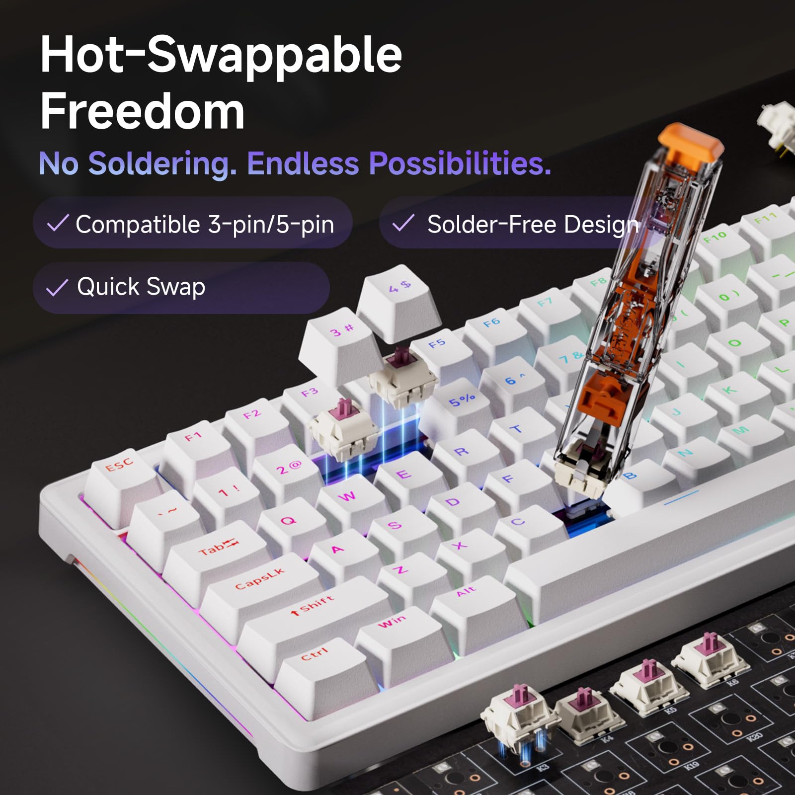 Dierya DK68E Tastiera Gaming, 60% Tastiera Meccanica Gasket con Manopola,Hot-Swap RGB, Compatta 66 Tasti Anti-Ghosting, Layout QWERTY-US, DK61se (Bianco-DK81E, Interruttori Lineari Creamy)