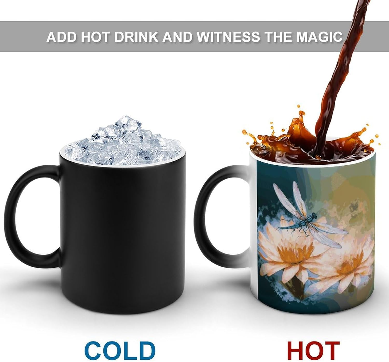 Color Changing Mug Flying Dragonflies Lily Flower Printed Ceramic Coffee Mug Heat Changing Sensitive Mug Magic Heat Changing Coffee Mug Novelty Coffee Mugs