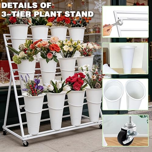 Miniatura 4 de Soporte de exhibición de flores de 3 niveles con 12 cubos, carrito de plantas de flores de metal resistente con ruedas, barra de flores de gran