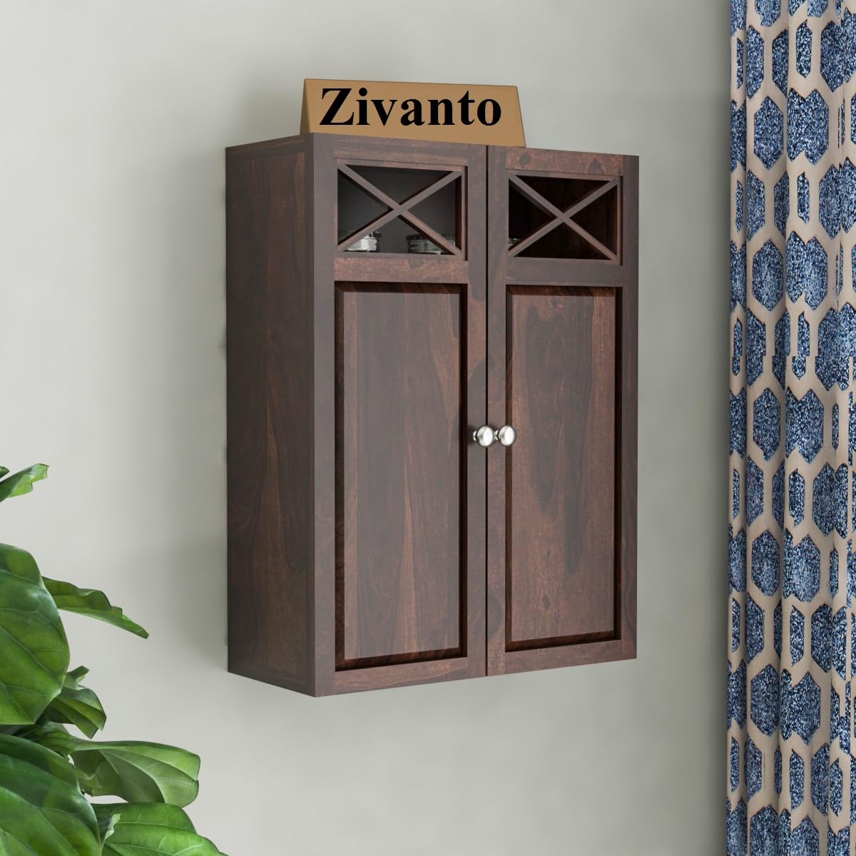 Zivanto Sheesham Wood Kitchen Cabinet for Home | Wall Mounted Kitchen Rack with Storage | Wooden Kitchen Unit/Organizer with 2 Door Cabinet Storage | Kitchen Furniture with Storage | Walnut Finish