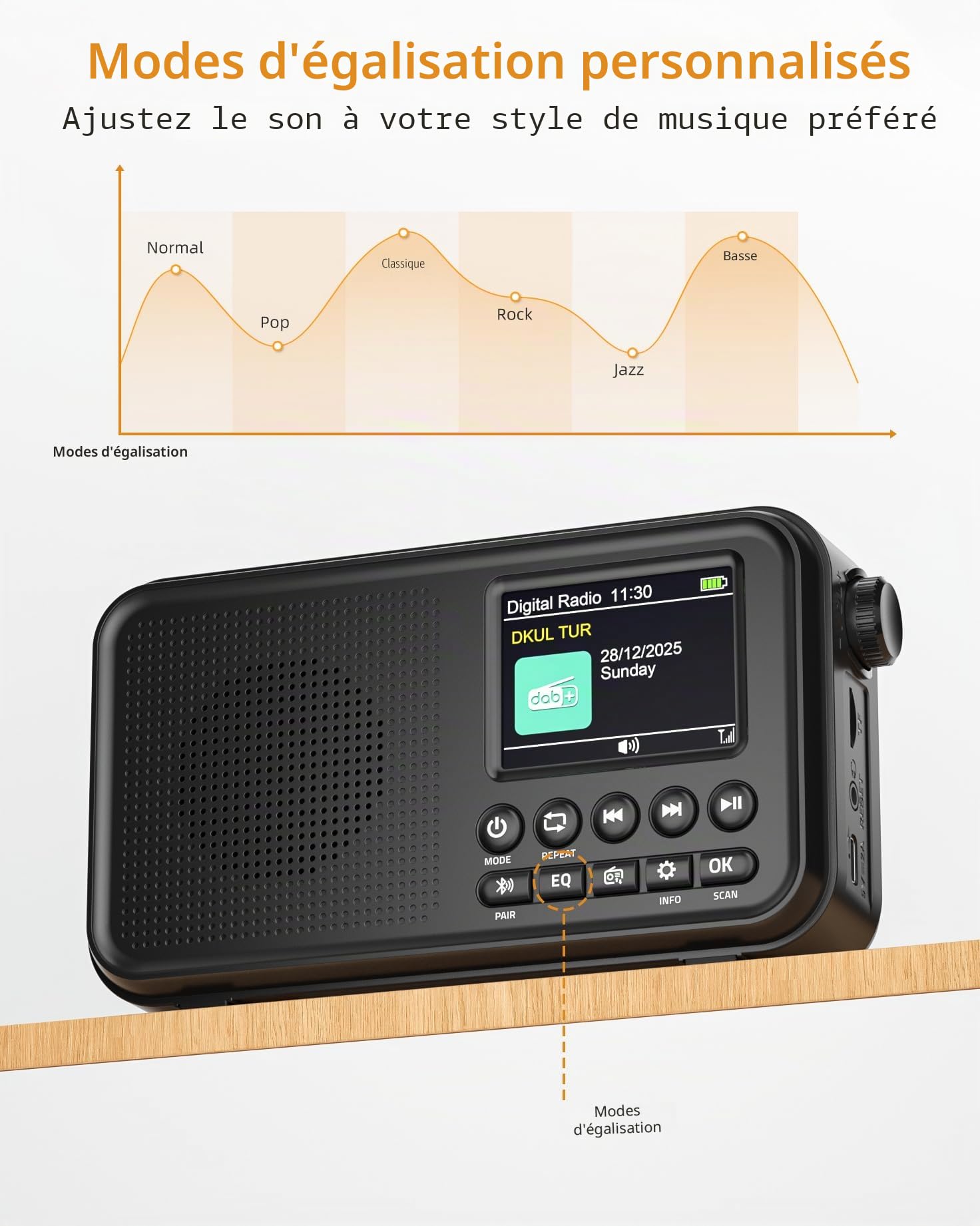 Mesqool Radio Numérique DAB/FM avec Bluetooth,Batterie Rechargeable de 3000mAh,Prise en Charge des Cartes TF de 64Go, Type-C, Prise Casque, 40 Stations FM et 40 DAB Préréglées, Modes EQ, Double Alarme