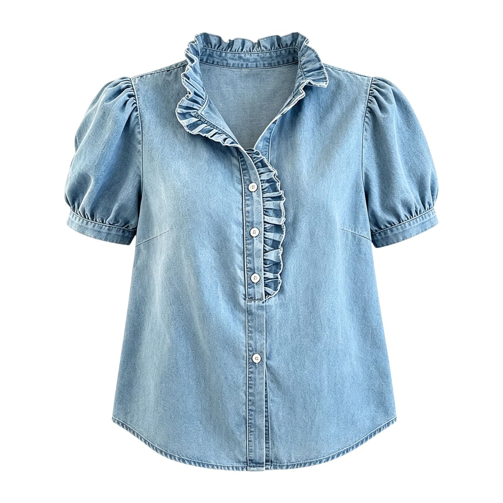 Camisa vaquera de verano para mujer, manga corta abombada, cuello alto, con botones, camisa de cambray, casual, ligera, ajuste regular, traje vaquero