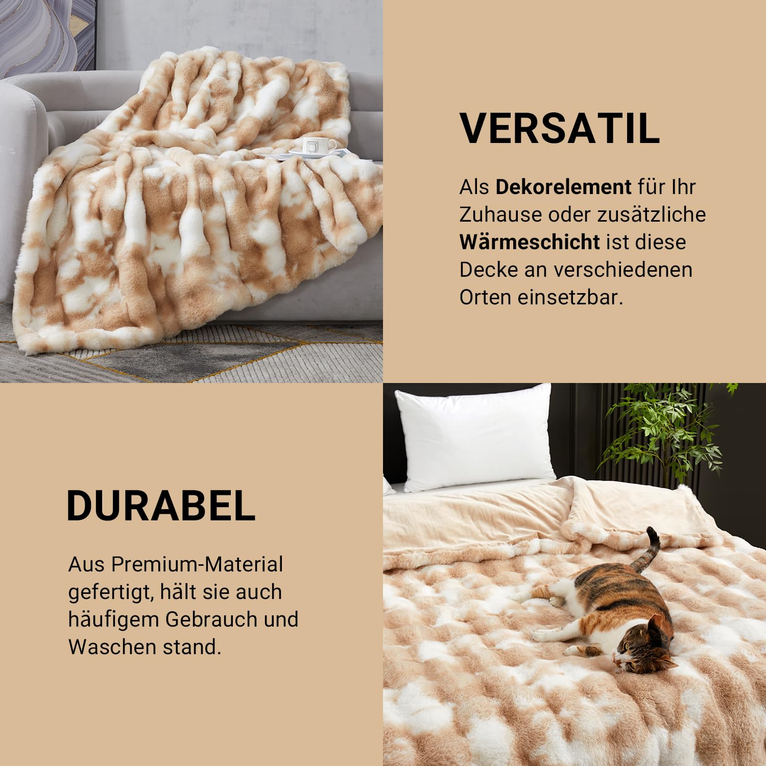 SAPHREAS Kuscheldecke Flauschige 150x200, Furry Bubble Kunstpelz Decke Oeko-Tex Zertifiziert Dicke & Warme Sofadecke für Bett Couch Schlafzimmer Deko Plüschdecke Tie-Dye Khaki