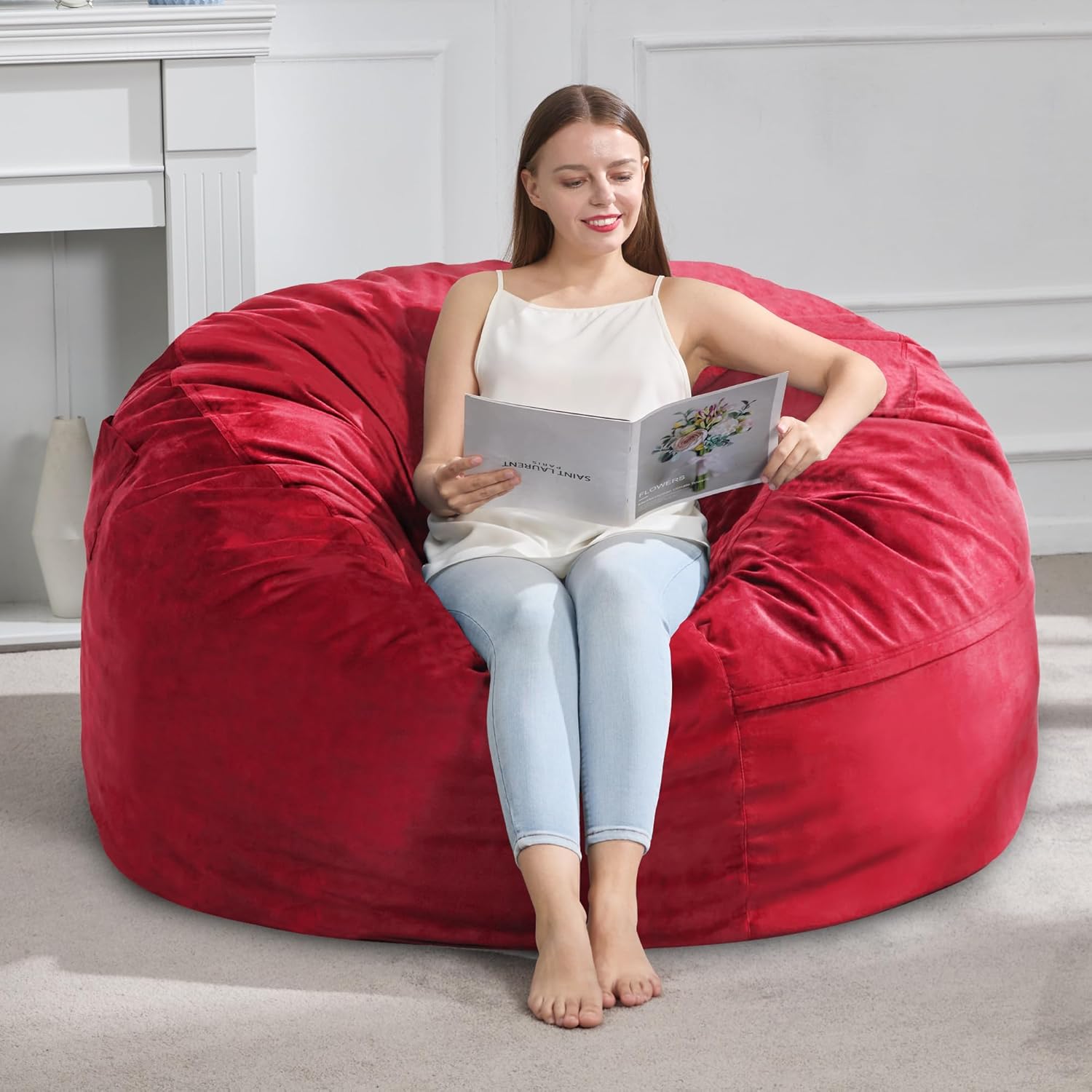 4FT Bean Bag Chair Bean Bag Chairs for Adults Giant Bean Chairs with Velvet Cover, Memory Foam BeanBag Chair Fluffy BeanBag Chairs for Living Room, Bedroom - Red (4FT - 44" x 44" x 24")