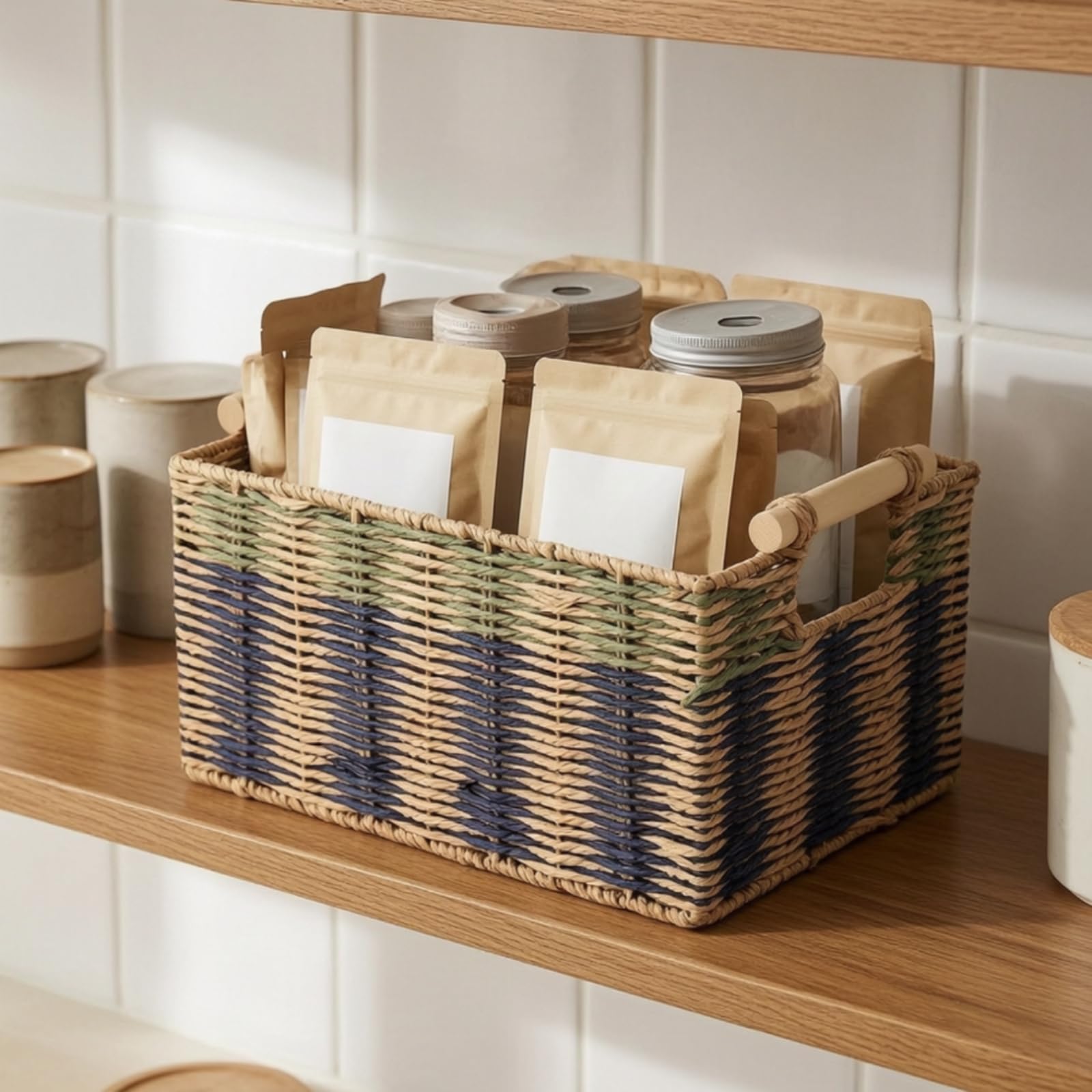 Cesta Cuerda Papel Rectangular Cesta con Rústico Connedor para Salón, Cocina, 40x30x20 Cm, Estilo Rural Con Diseño De Colores Contrastantes Y Asas De Madera, Tamaño Grande