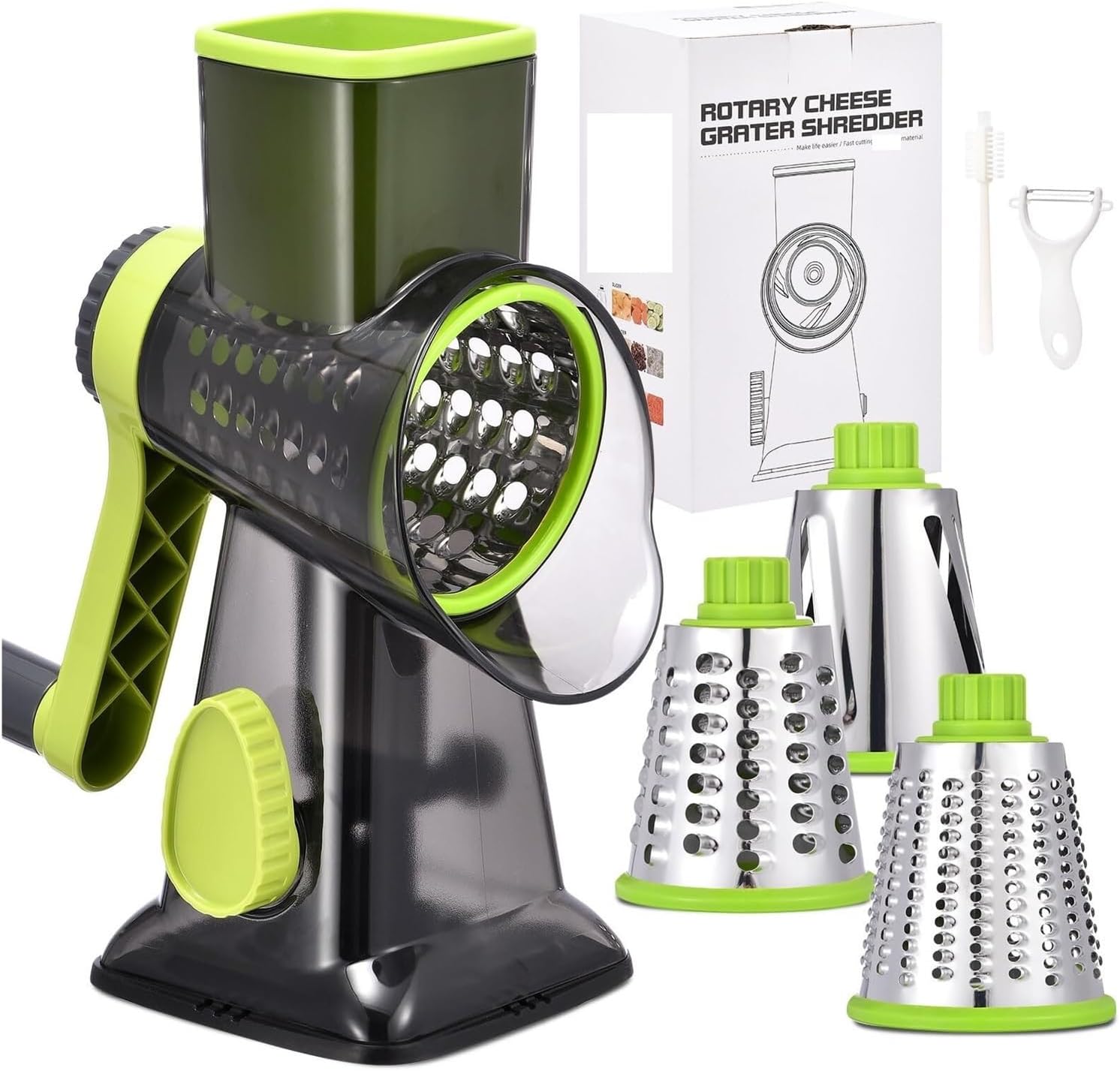 Fit for Rotary Cheese Grater with Non-Slip Suction Base, Versatile Cheese Shredder & Food Slicer for Cheese, Carrots, Cucumbers, Nuts, Compact Easy Clean Kitchen Tool (Gray)(Green TSP)