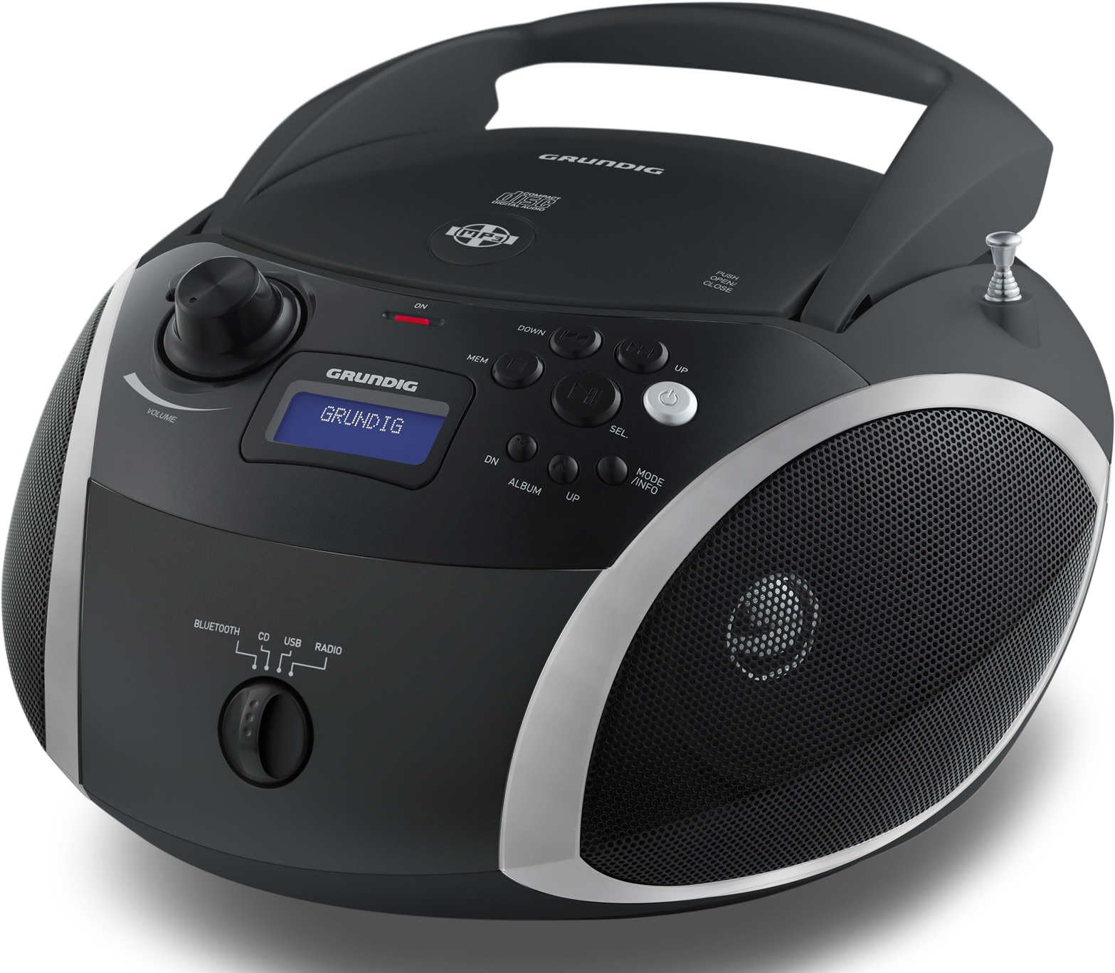 GRUNDIG, RCD1500BTB, Radio CD Tuner FM Digital PLL- 3WRMS, Bluetooth, CD Compatible MP3, Port USB, Piles/Secteur, Noir ET Silver, Un Mix de Design et de Technologies dans Un Concept Unique