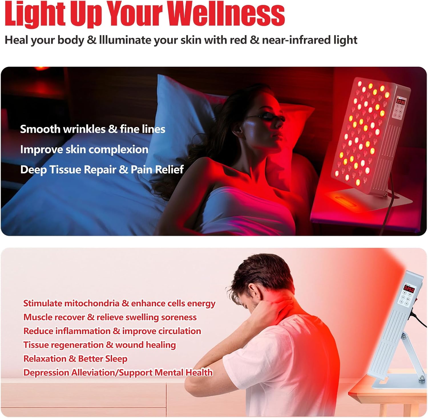 Red Light Therapy for Body & Face - 630nm 660nm 810nm 850nm 940nm 5 Wavelengths Infrared Red Light Therapy Panel Skin, Muscles & Recovery – 63 Dual Chip LED Therapy Light Device with Stand - Image 3