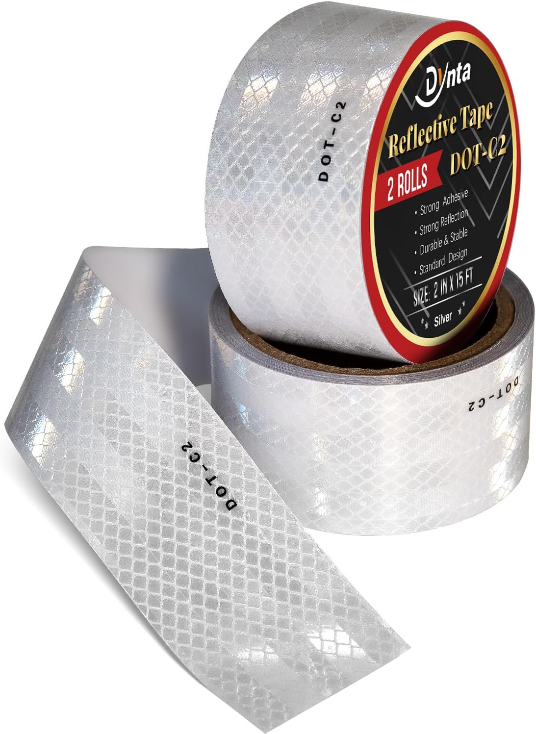Dynta Silver Reflective Tape DOT-C2 High Visibility 2Inx30Ft Waterproof Adhesive 2 Rolls (2Inchx15Ft) Conspicuity Reflector Tape for Trailers, Bikes, Trucks, Cars, Yachts, Mailboxes, Railings,Outdoors