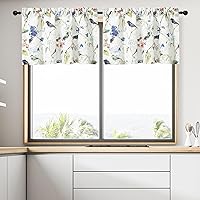 Vista 10 de VOGOL Cenefas con patrón de pájaros para ventanas de cocina, cenefa texturizada de lino con estampado floral y pájaros para ventanas pequeñas