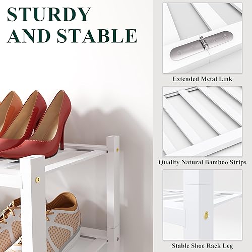 Miniatura 3 de Smiry Zapatero de 3 niveles, pequeño organizador de zapatos de bambú, apilable, estante de almacenamiento de zapatos de madera para armario,