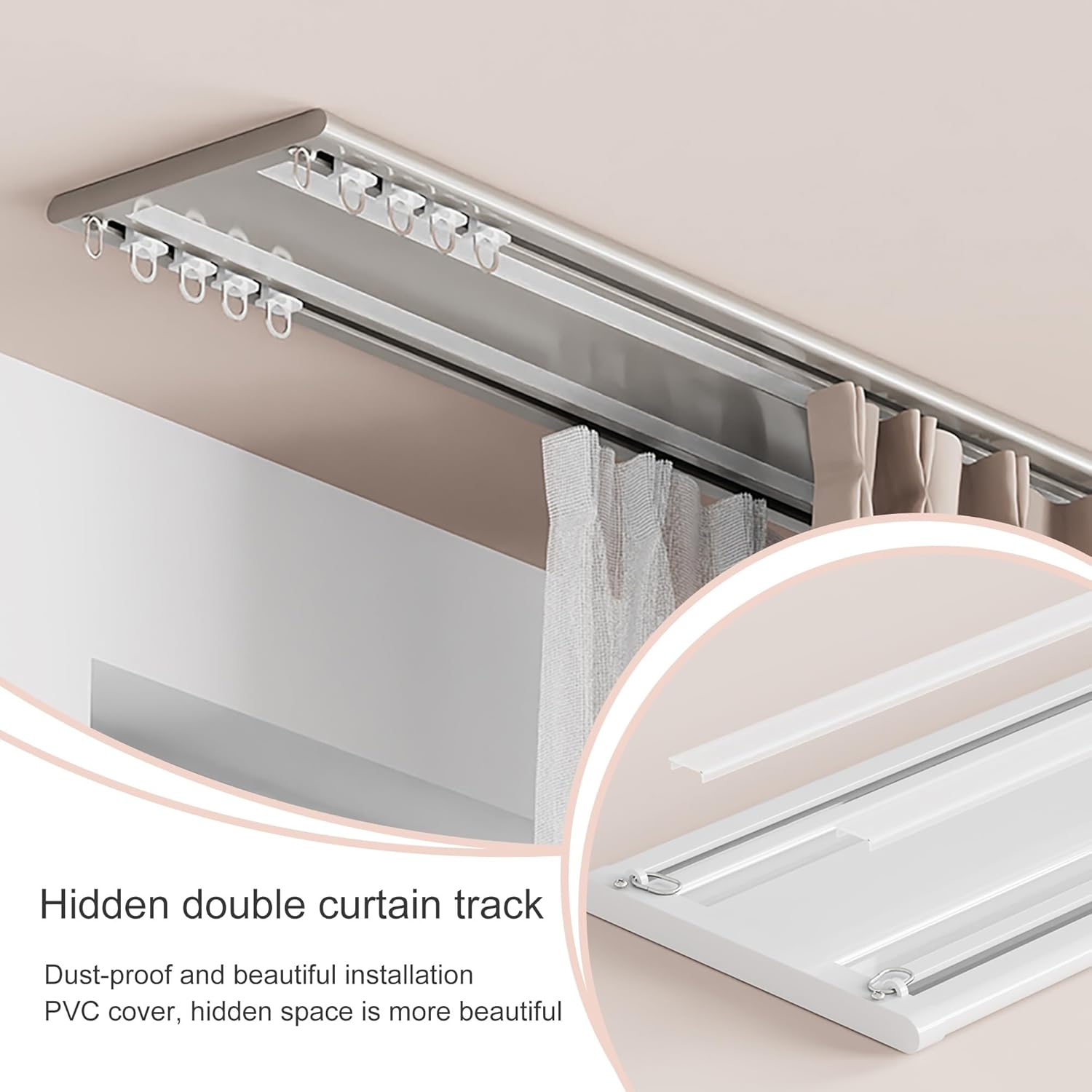 Ultra-Slim Double Curtain Track System 6mm Concealed Ceiling Curtain Rail with Silent Gliders for Window, Bedroom, Living Room, Hotel, Divider(Silver gray,1.5m/4.9ft)