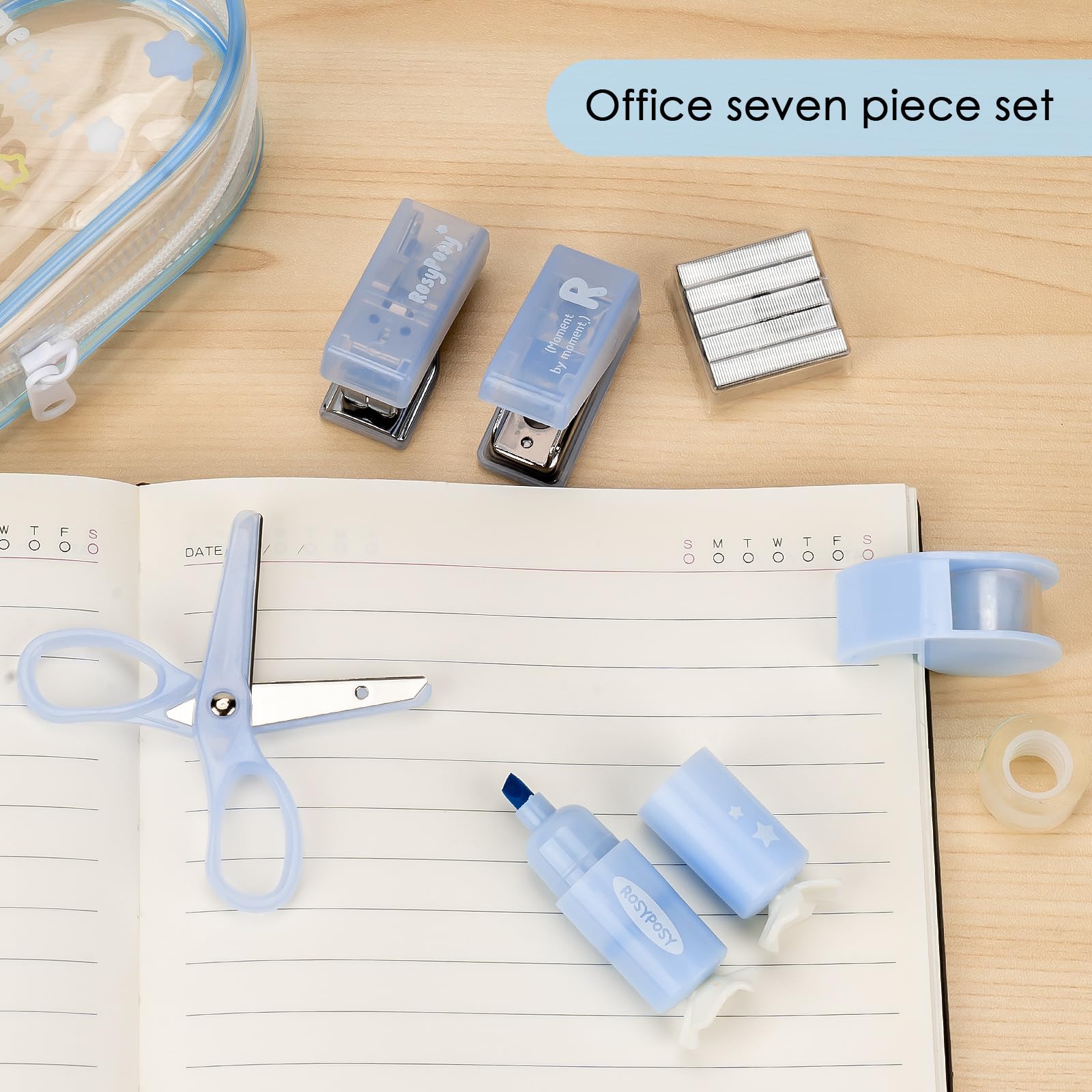 7-teiliges Bürobedarf-Set – Mini-Größe für Portabilität, Set für bequeme und effiziente Büroarbeit, Schulanfang, Mini-Schreibwaren-Organizer-Set: kompakte Schere, Locher, tragbar