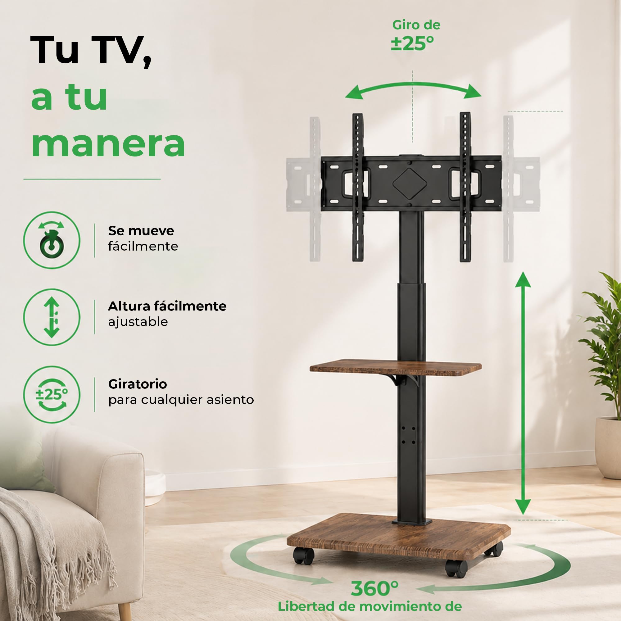 Soporte TV Pie Portátil Delphos con Base de Madera, Soporte TV Ruedas, para TV de 32-70" y hasta 45 kg, TV Stand Regulable en Altura hasta Aprox. 130 cm, Giratorio ±25°, VESA MAX. 600x400