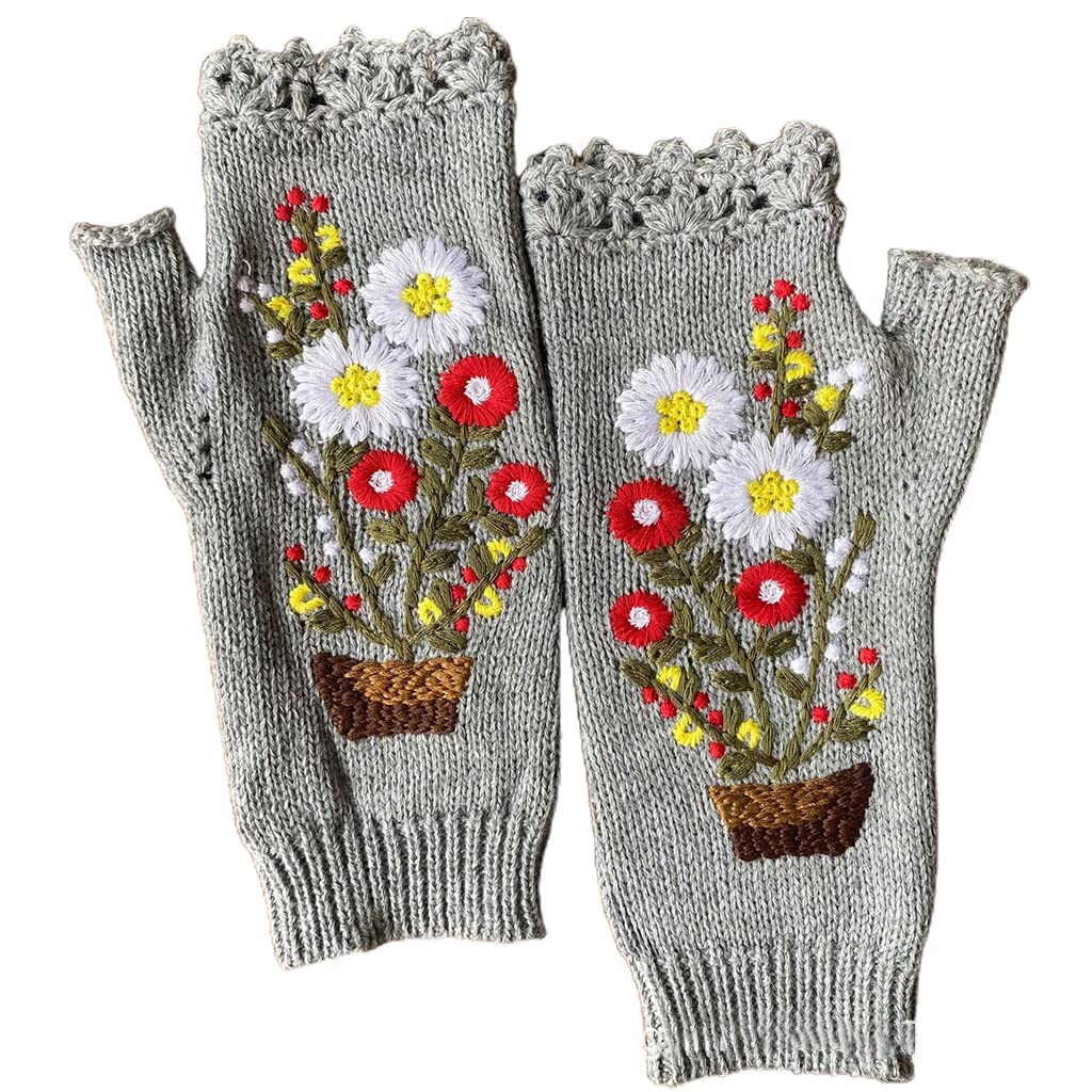 Ksikdeg Men's Gray Floral Embroidered Gloves Wrist Length Hand Warmer Fingerless Knitted Gloves Stretchy Half Finger Gloves Cartoon Mitten