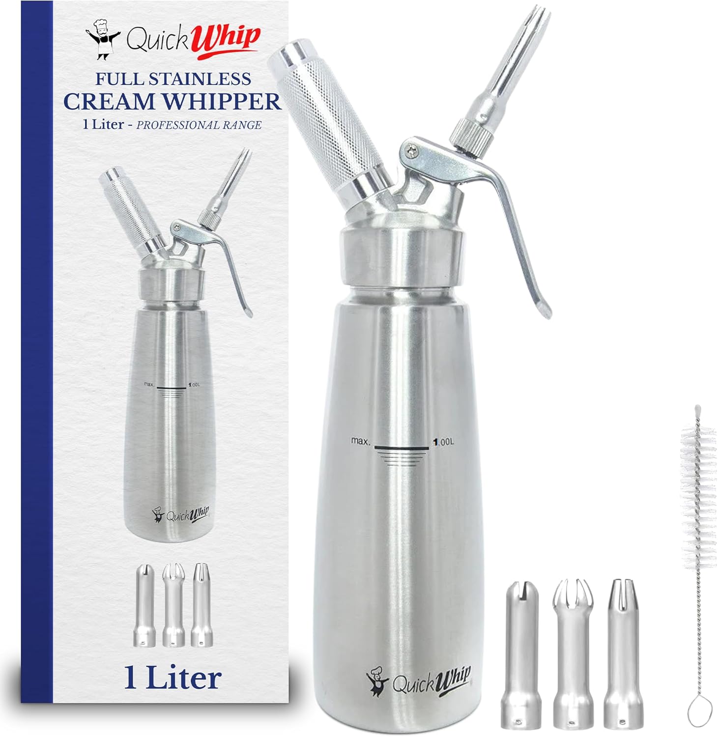 Stainless Steel Whipped Cream Dispenser, Professional Grade Whipper, Full Canister, with 3 Decorating Tip Nozzels, Ideal for Baking, Desserts, & Culinary Creations (1L)