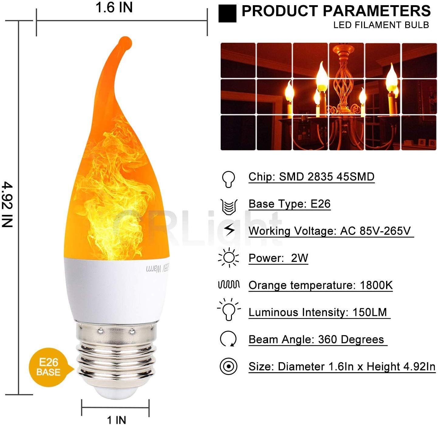 6 Pack LED Flicker Flame Mini Light Bulb, E26 2W Realistic Fire Flickering Effect, 3 Lighting Modes Simulated Emulation/General/Breathing, for Indoor Outdoor Home Hotel Bar Party Decoration-Bent Tip