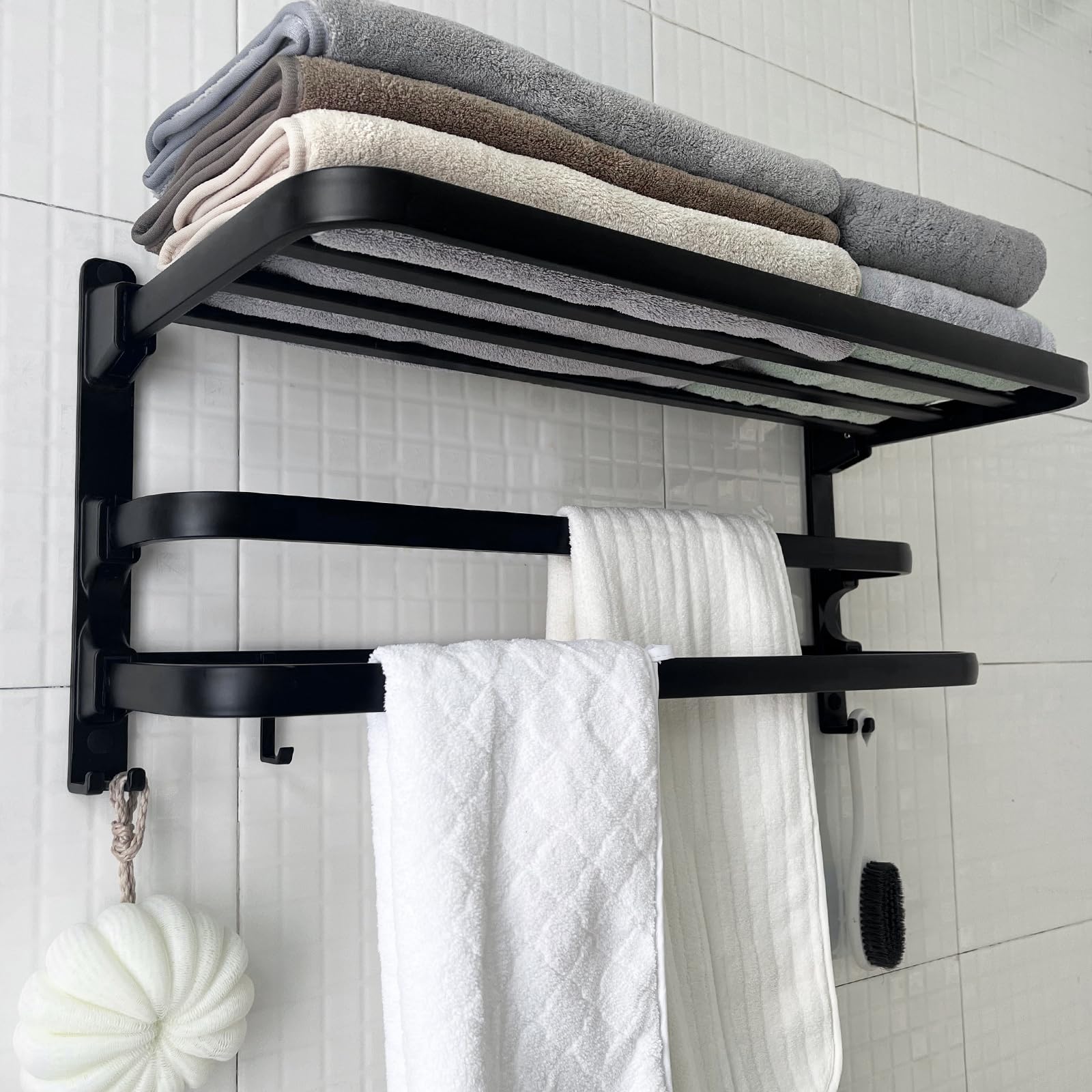 24in Towel Racks Shelf for Bathroom, Foldable Wall Mounted Towel Storage with 2 Towel Bar 9 Hook, Modern Rustproof Towel Holder with Shelves, Towel Hanger for Hotel Dorm Restroom RV Gym Toilet, Black