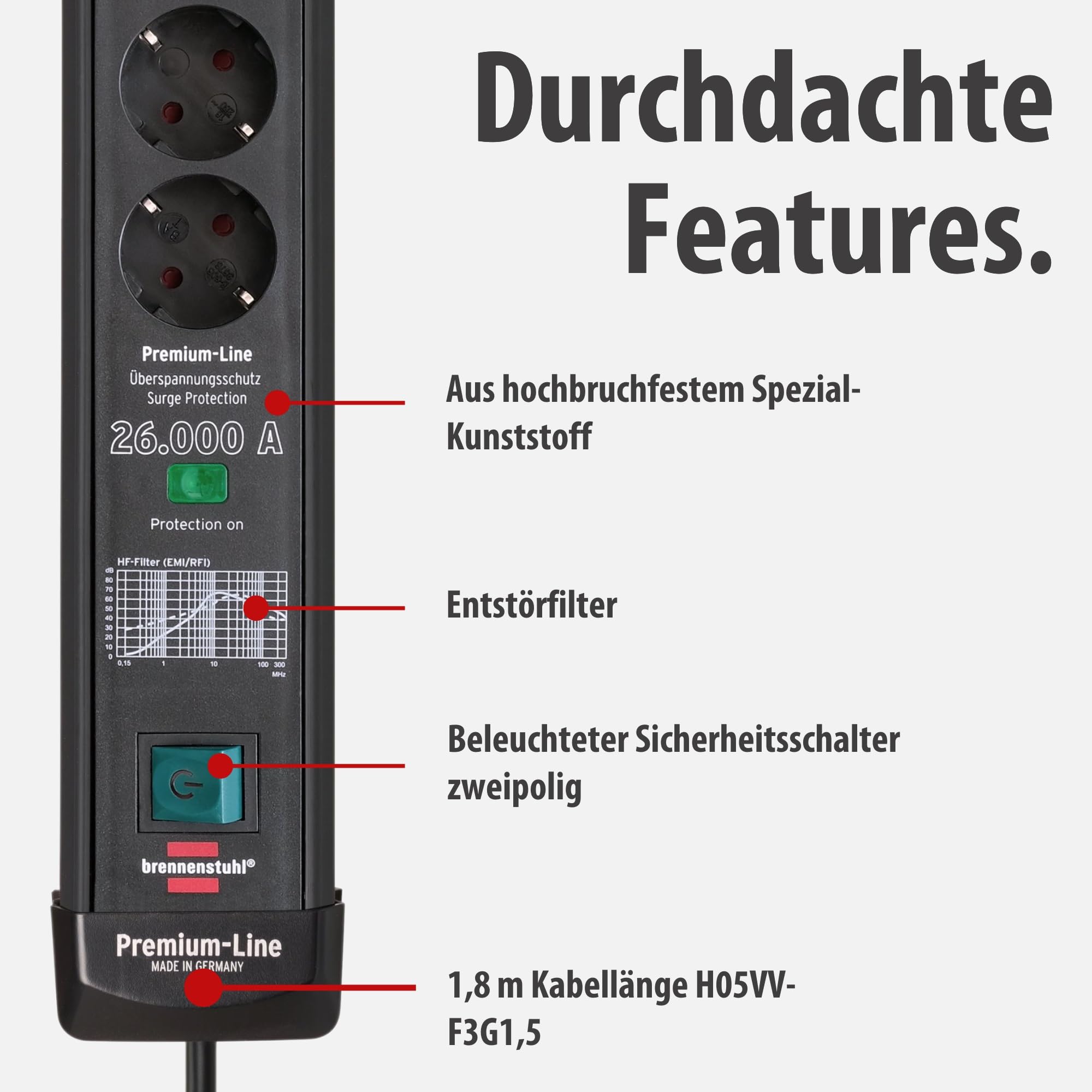 Brennenstuhl Premium-Line Steckdosenleiste 6-Fach mit Überspannungsschutz bis zu 26.000A (Mehrfachsteckdose mit 1,8m Kabel und mit Schalter, Steckdosenleiste Wandmontage, Made in Germany) schwarz