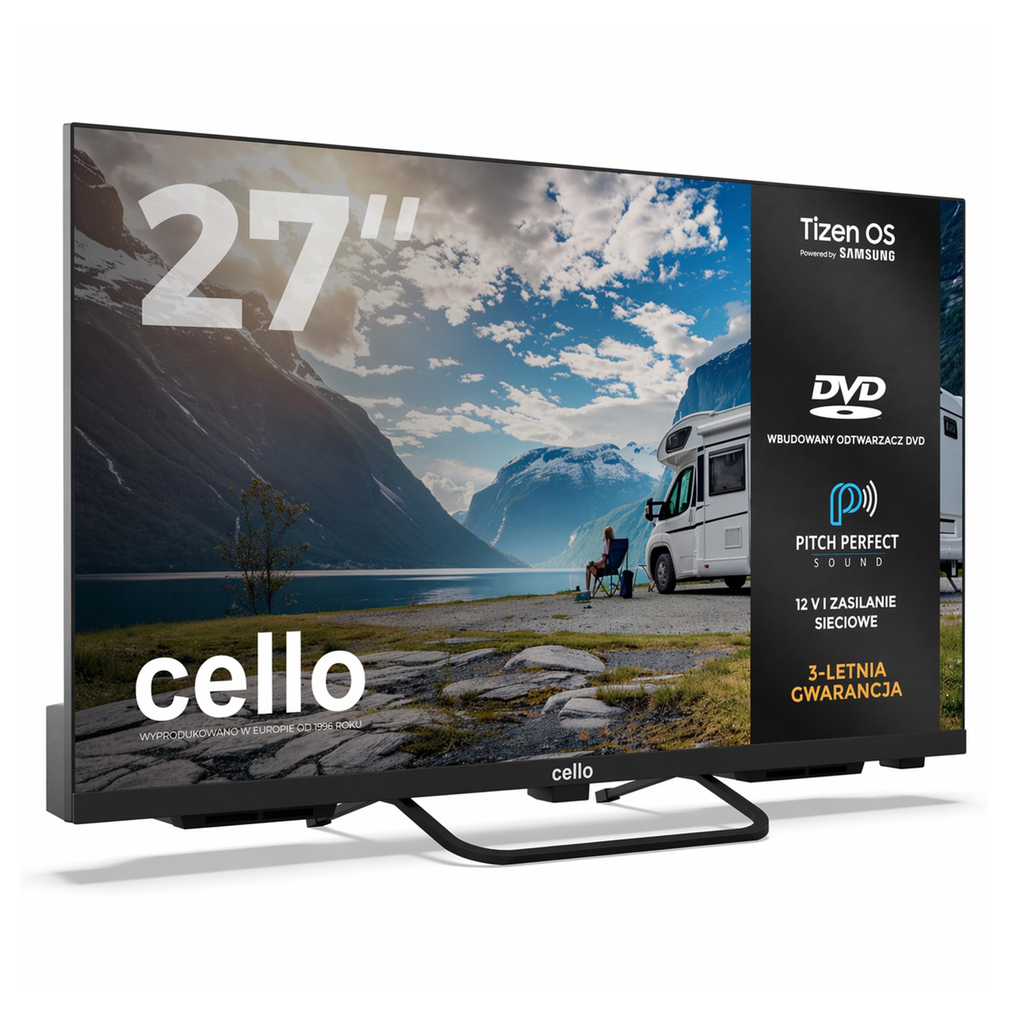Cello Ctrav-27TZF 27" Smart LED 12V Traveller TV/DVD z systemem Tizen OS, głośniki Pitch Perfect, Bluetooth, HDMI, USB, mały telewizor do kamperów, ciężarówek (HGV) i łodzi