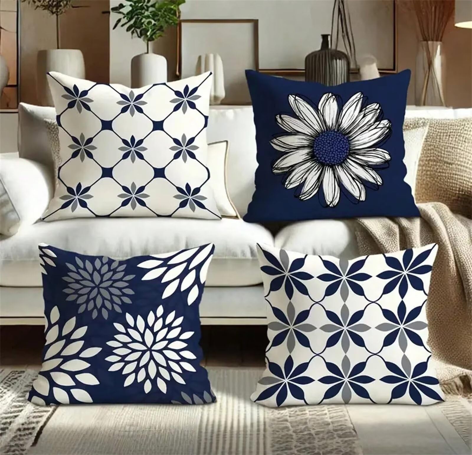 Heaen Outdoor Cushions Covers Waterproof 55x55 cm Set of 4 Square Linen Pillow Cases Dark Blue Geometric Decorative Dushions for Sofa Porch Patio Home Decor