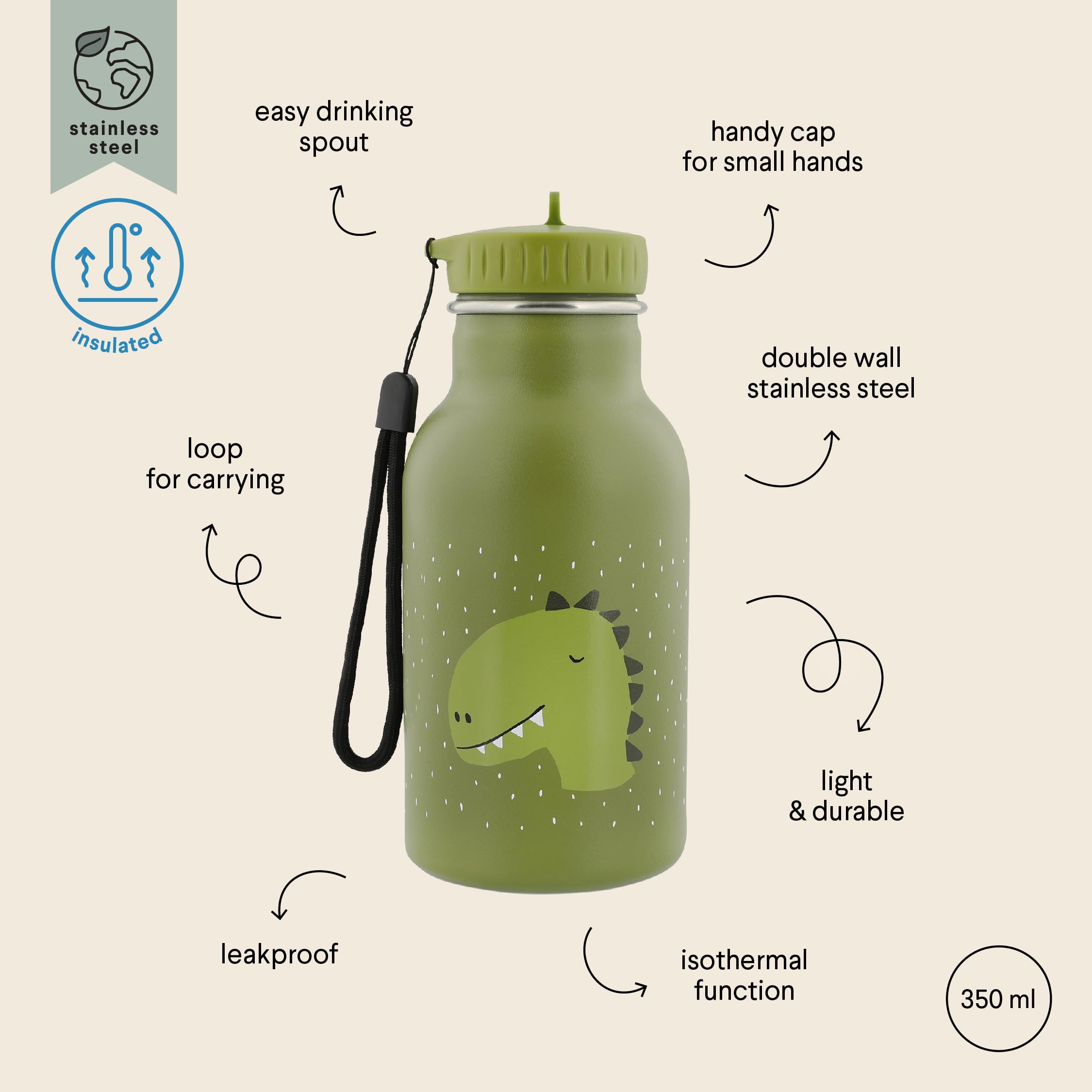 Trixie Insulated Drinking Bottle, Mr. Dino, 350ml Stainless Steel Water Bottle for Kids, Green, Keeps Drinks Cold, Leakproof - Image 2