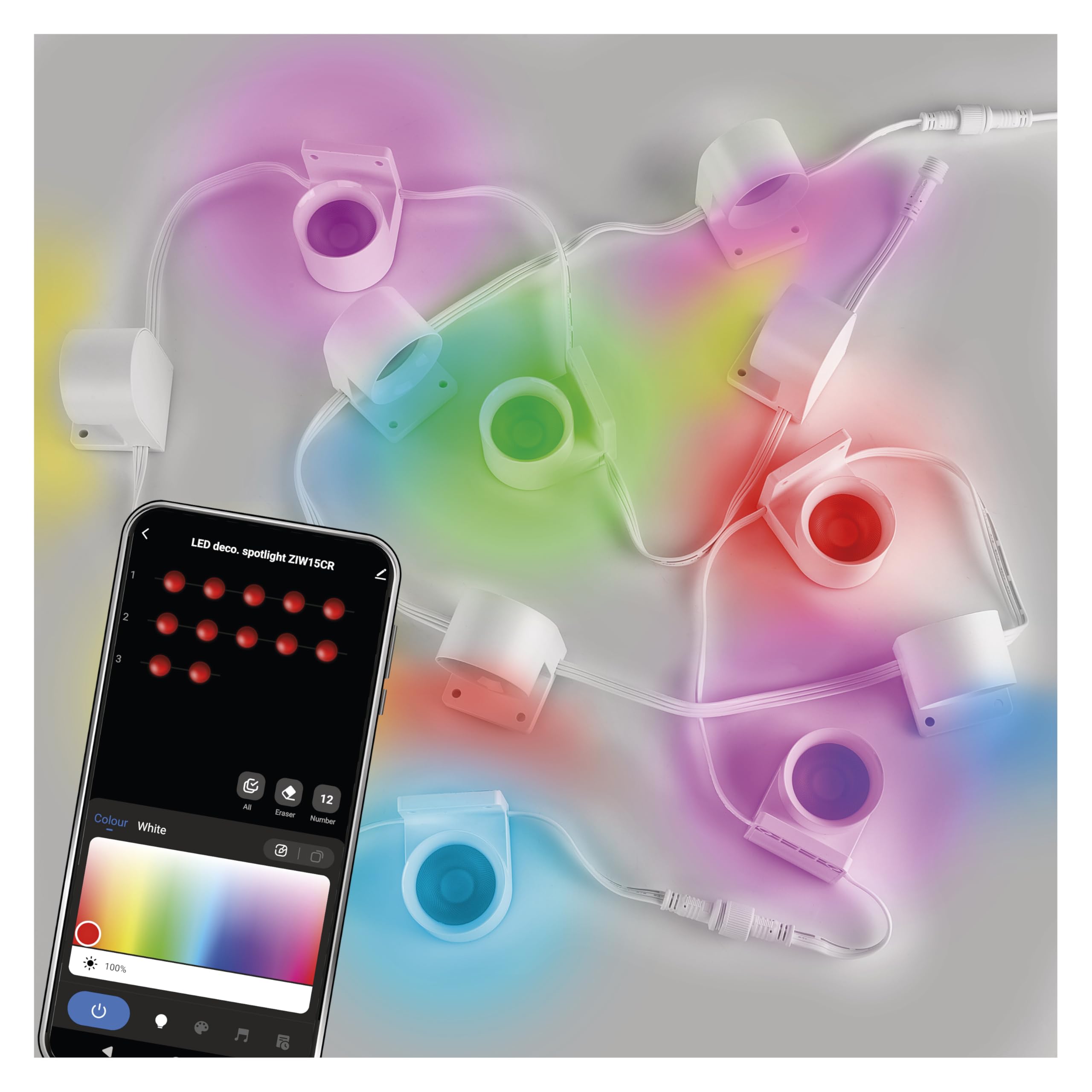 EMOS - Smart Spot-Wandleuchten, Startset 12 Stk - RGBIC+CCT LED-Downlights zum Aufkleben, dimmbar - 2,4 GHz WiFi-Ambientlicht, HandyApp, Sprachassistenten - 2,55m Innen-Spots erweiterbar - weiß