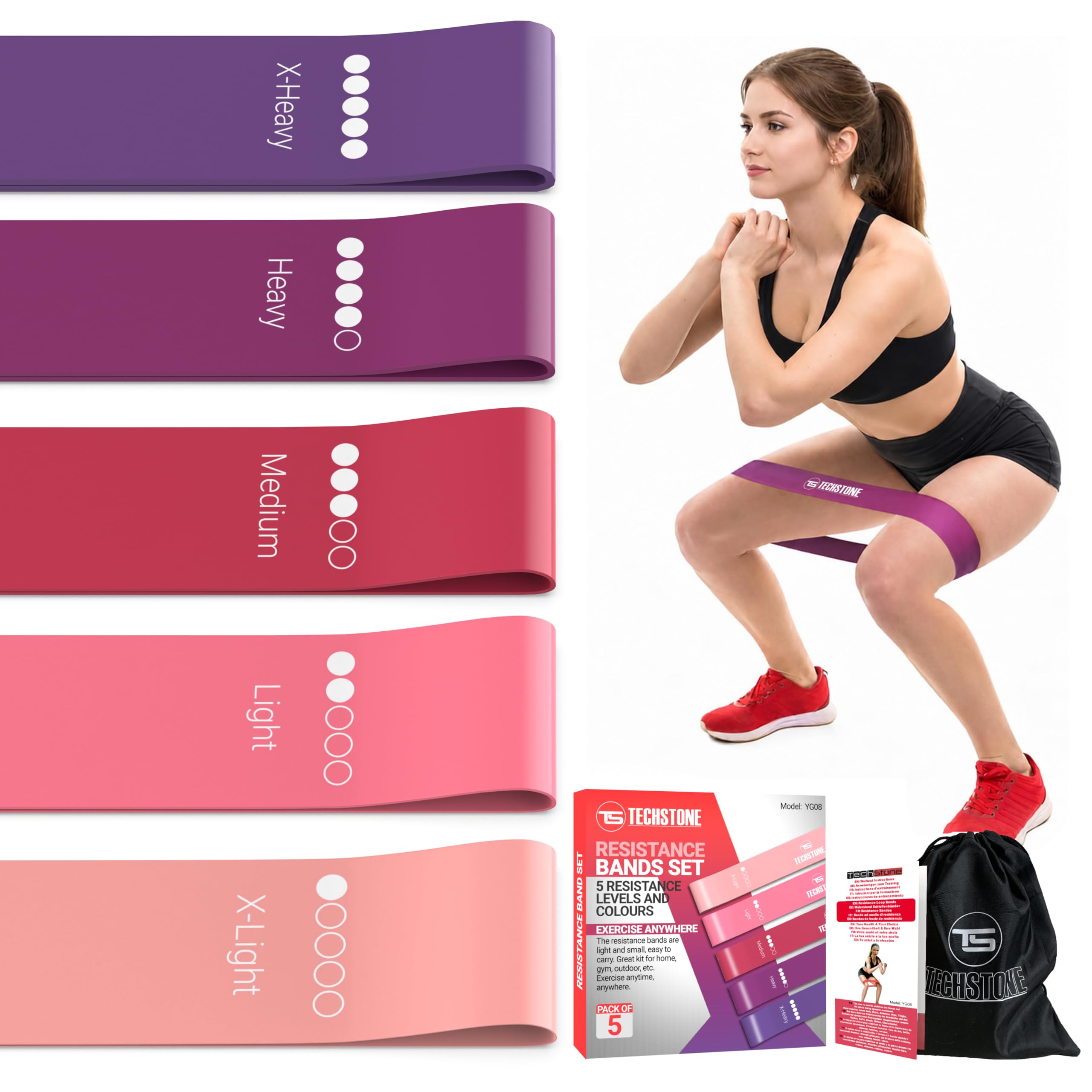 TechStone Resistance Bands Set for Men and Women, Pack of 5 Different Resistance Levels Elastic Band for Home Gym Long Exercise Workout – Great Fitness Equipment for Training (Red) — image 1