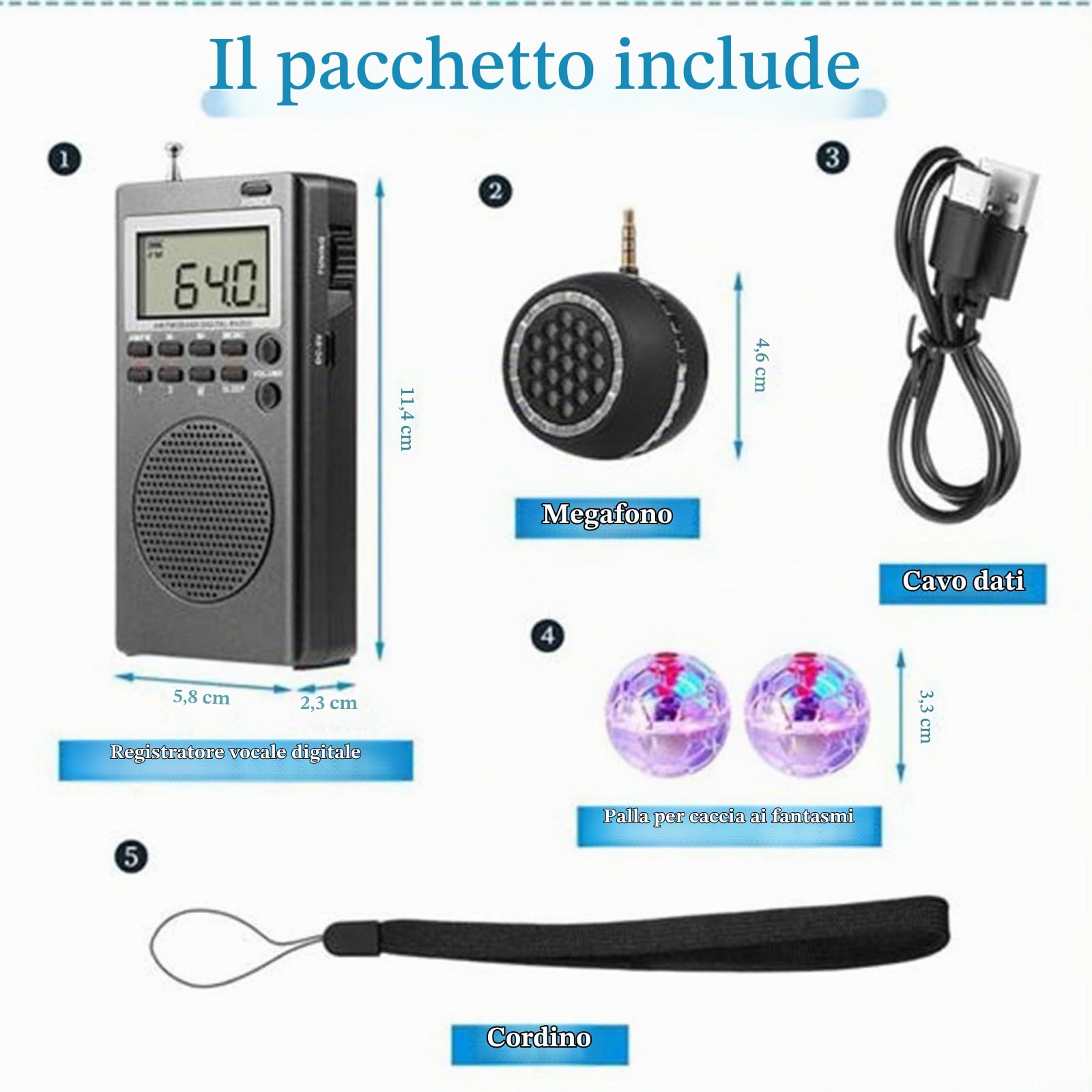 Kit di indagine paranormale con radio SPIRIT Box, sfere con sensore LED e altoparlante per caccia, set da 4 pezzi (4 pezzi)