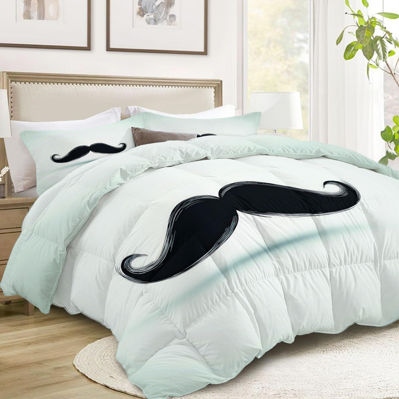 Piumone Invernale 140 x 200 cm Disegno Per Bambini Motivo A Baffi Trapunta in Ecopiuma 400 gr/mq, Caldo ed Elegante – Biancheria da Letto Anallergica e Traspirante – Set 3 Pezzi, Verde Pallido