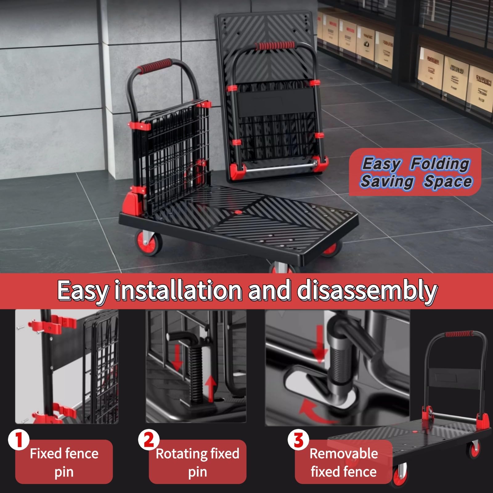 Carrello con piattaforma resistente con recinzione in filo di acciaio rimovibile, capacità di carico 200 kg, ruote silenziose in TPR per un facile spostamento e stoccaggio, ideale per magazzini e