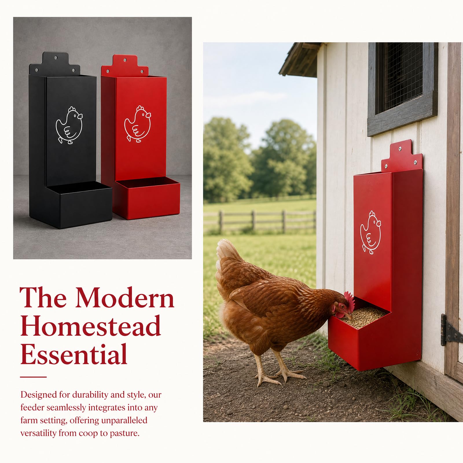 Lote de 2 comederos automáticos para gallinas, 1,3 l/pieza, alimentador automático de gallina, comedero de gallina de metal para accesorios de gallinero y cría de aves de corral, 25 cm (rojo,negro)