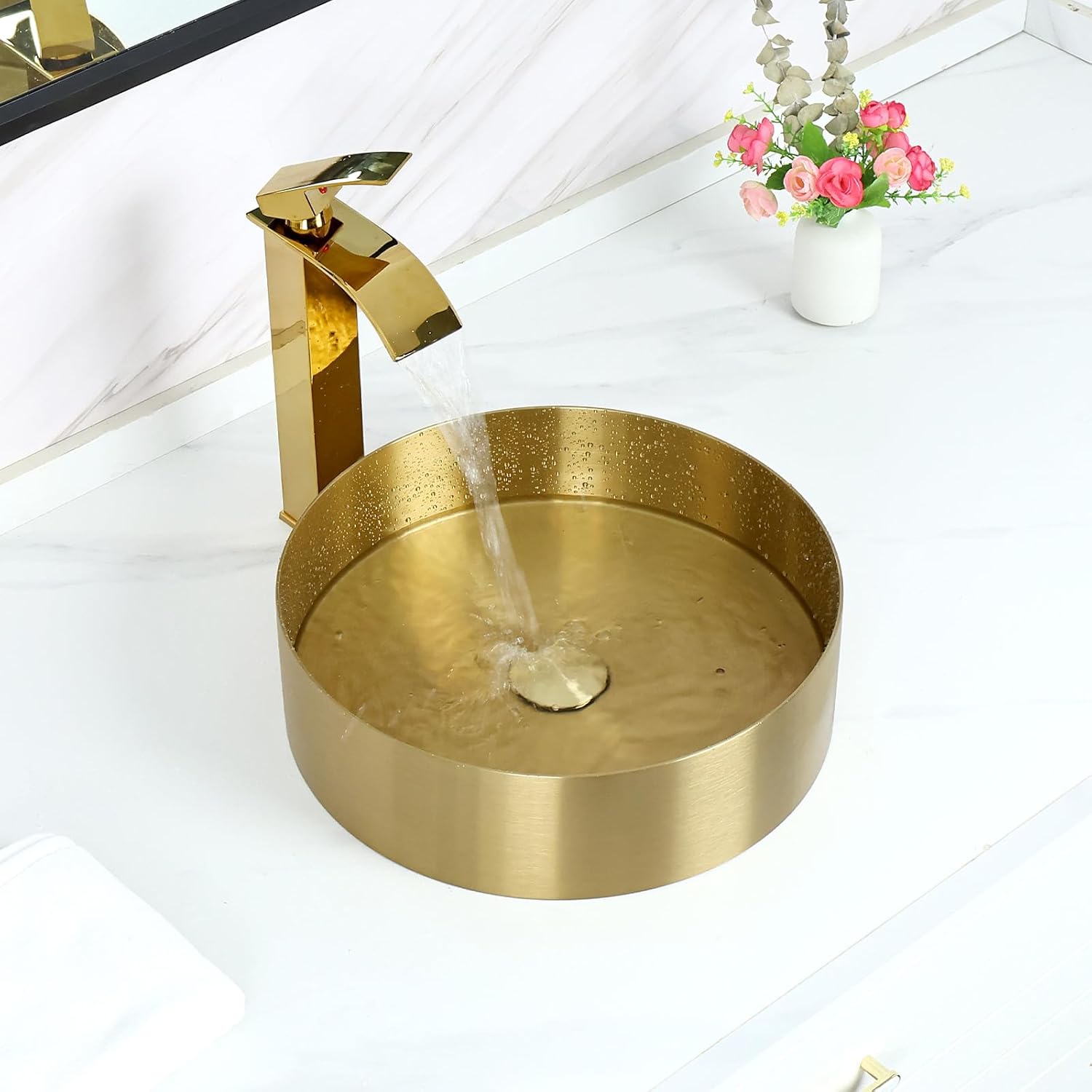 Davivy 15" Stainless Steel Round Vessel Sink with Pop Up Drain,Gold Bathroom Sinks Above Counter,Stainless Steel Vessel Sink,Luxury Gold Round Vessel Sinks for Bathrooms Stainless Steel 15" Round