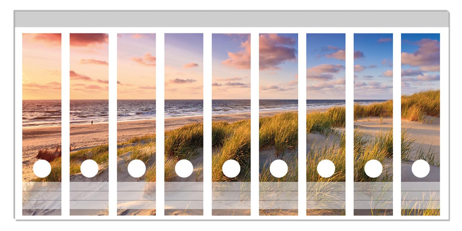 Wallario Ordnerrücken Sticker Abendspaziergang am Strand - Sonnenuntergang über dem Meer - Größe 9 Stück, Rückenschilder für 9 breite Ordner, Klebeetiketten