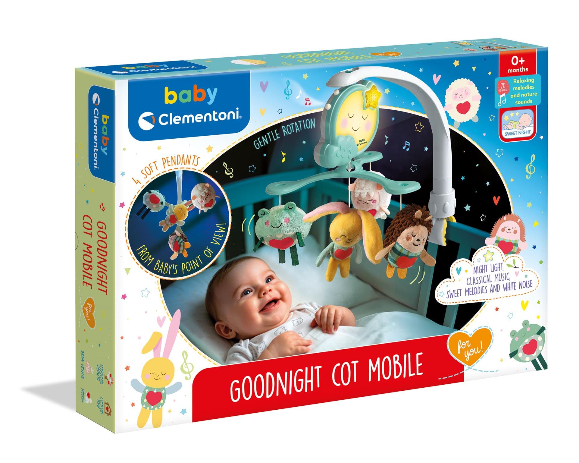 Clementoni Giostrina Carillon Babybett Mobile mit Elektronikmodul, Musik und Naturgeräuschen, verstellbar und abnehmbar für Krippe oder Kinderwagen