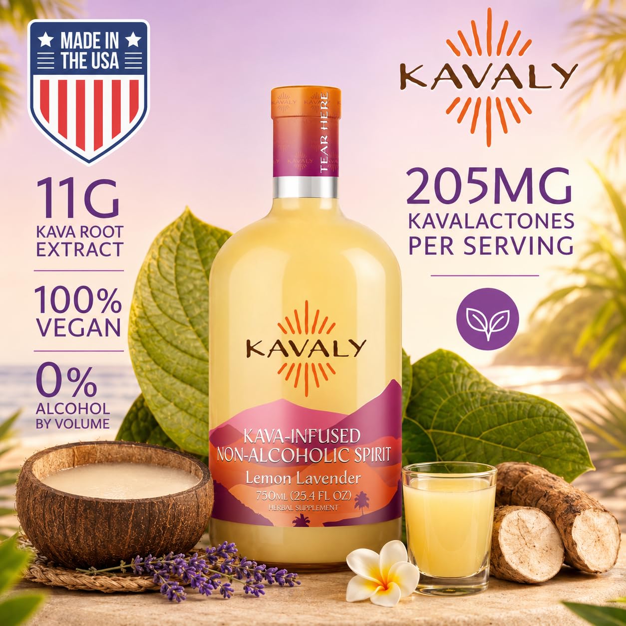 Kavaly Non Alcoholic Kava Drink, Premium Alcohol Free Kava Infused Spirit for Mocktails and Mixed Drink Recipes, Alcohol Alternative with 205mg Kavalactones, Low Calories, Lemon Lavender Flavor, 750ml — Amazon image 3
