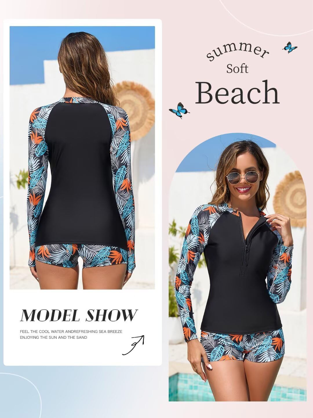 Womens 2 Piece Rash Guard Swimsuit UPF 50+ Zip Swim Shirt and Shorts Long Sleeve Bathing Suits with Build in Bra
