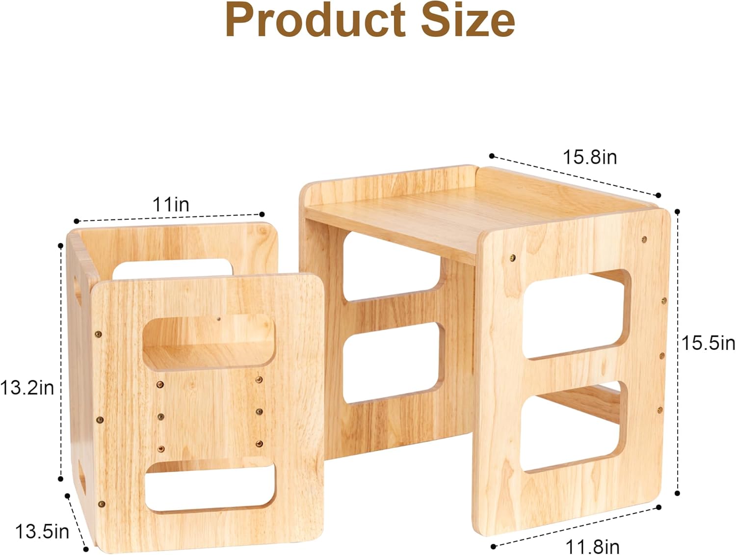 Fun Memories Montessori Weaning Table and Chair Set for Toddler and Babyt, Kids Table and Chair Set- Solid Wood Toddler Furniture with Adjustable Height, Step Stool, for 1-3 Year Old Kids - Natural