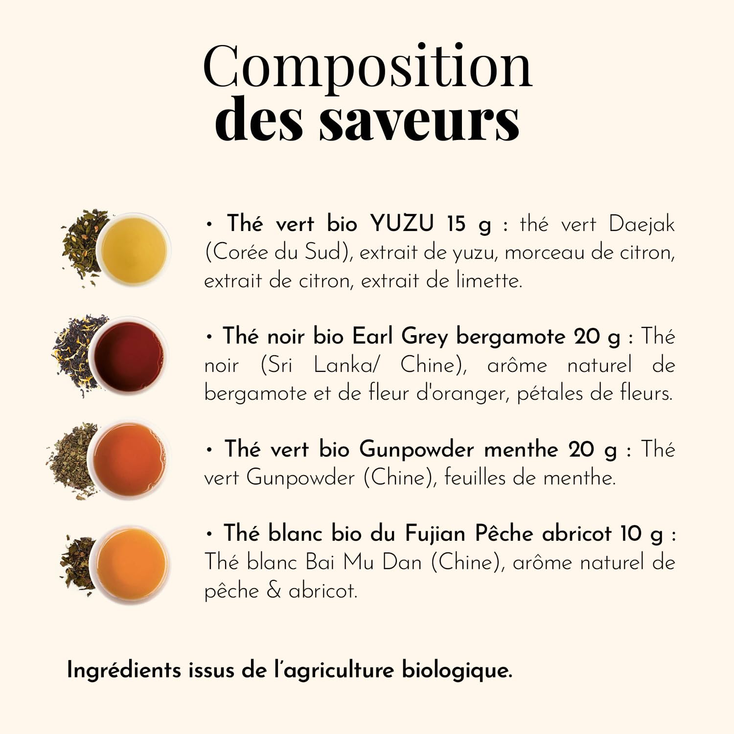 Terre d'Oc - Coffret 4 Thés Bio Ma Journée en Thé + 1 Cuillère Filtre à Thé - Thés Verts, Noirs & Blancs en Vrac - Idée Cadeau Homme et Femme - 65g