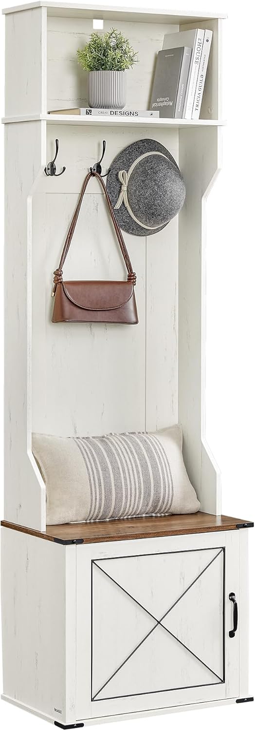 VASAGLE Hall Tree with Bench and Shoe Storage, Coat Rack with Shoe Bench, Entryway Furniture, 3 Tri-Hooks, Door with Handle, Farmhouse Style, Space Saving, Rustic White and Honey Brown UHSR4