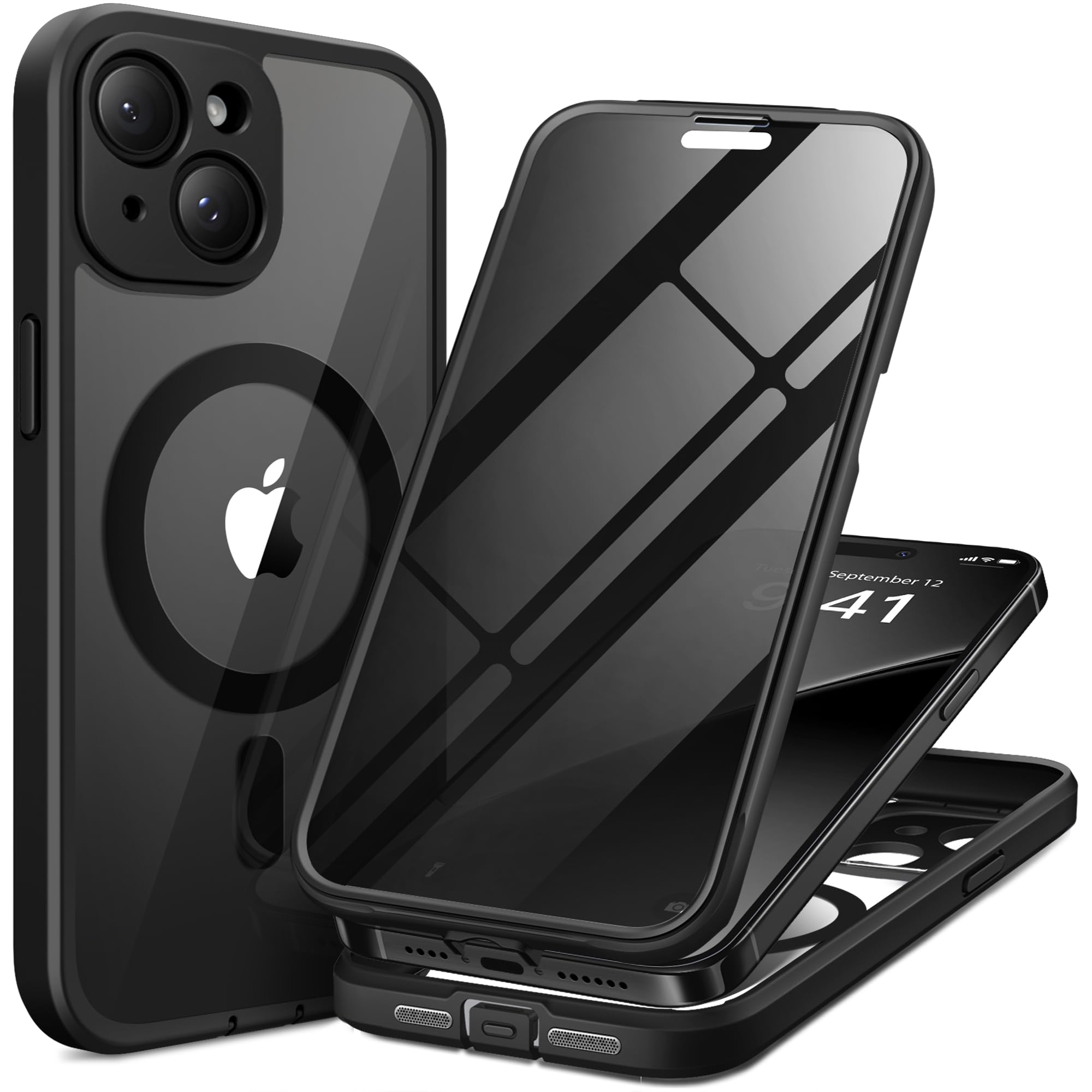TIESZEN Magnetic for iPhone 15 Case, Compatible with MagSafe, Built-in Privacy Screen Protector and Camera Protection, Anti Spy Full Body Dustproof Shockproof Hard Phone Case 6.1", Black