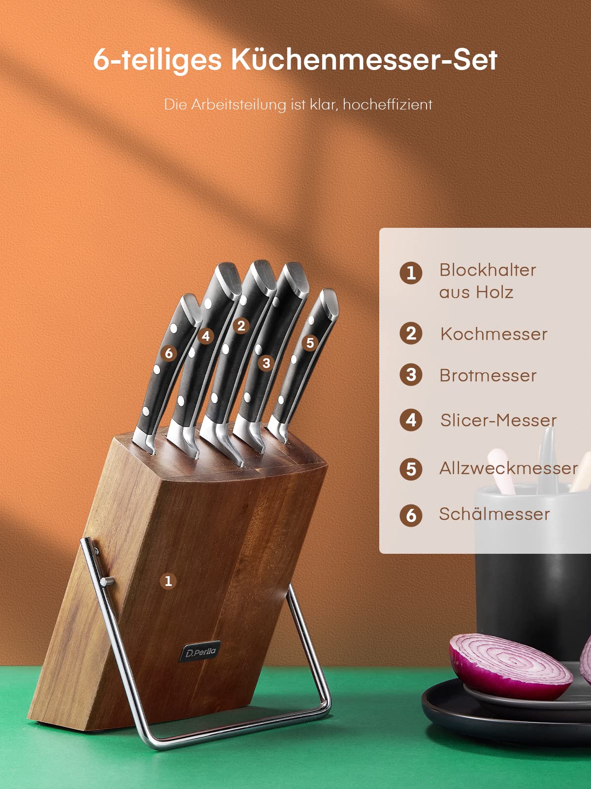D.Perlla Messerblock Set, 6 teilig Messerset mit Holzblock, Kochmesser Set mit Scharfe Klingen, Edelstahl mit Hohem Kohlenstoffgehalt, Braun
