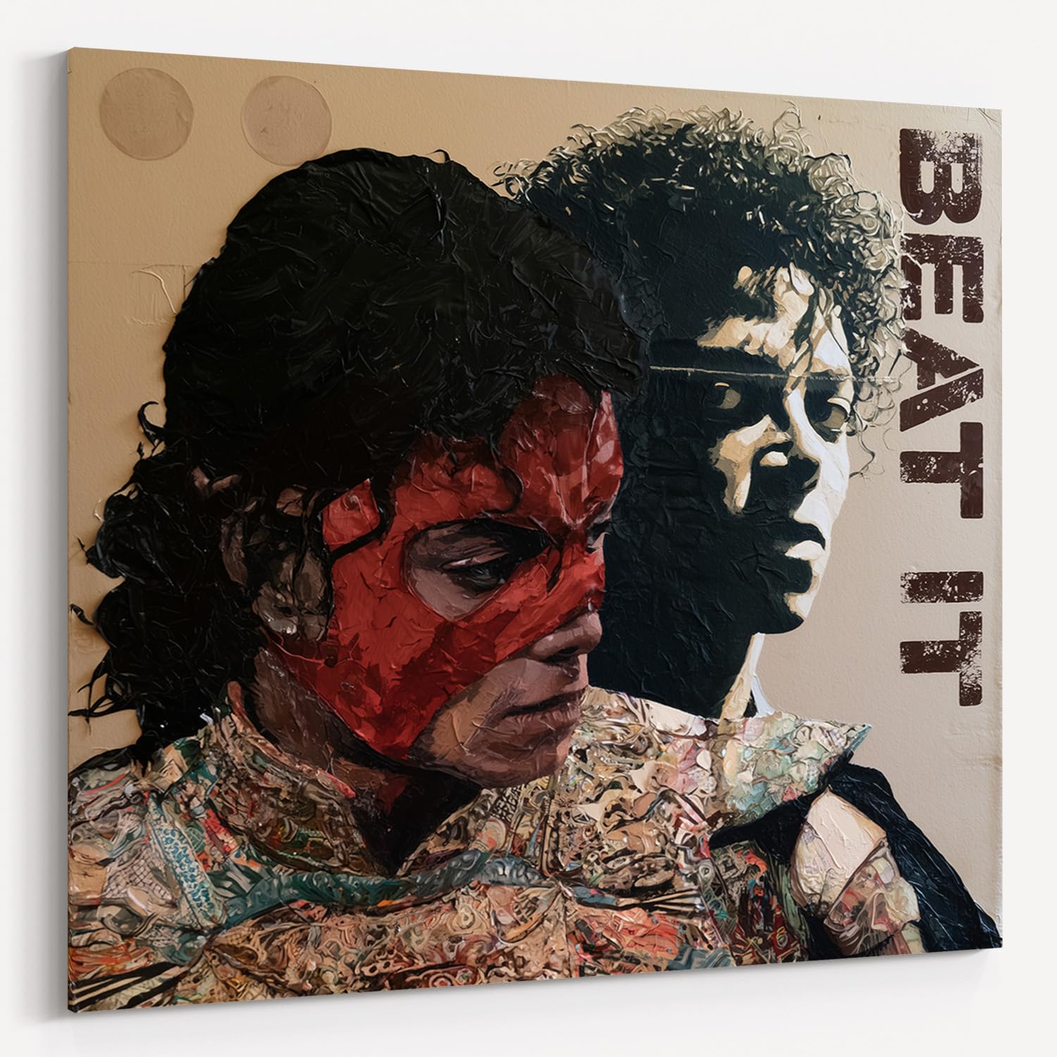 Michael Pop Art Impression sur toile « Beat It » - Musique moderne - Style street art et pastel - Poster cool King of Pop avec masque rouge - Décoration pour salon, salle de musique et studio - 80 x