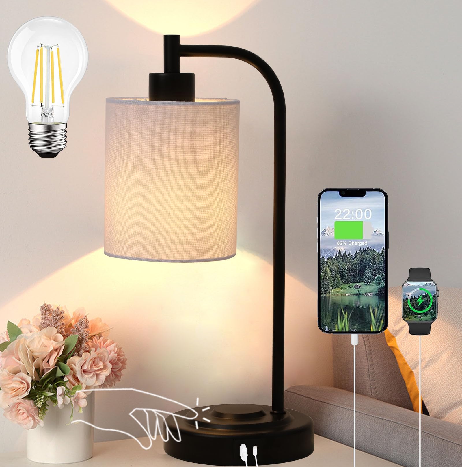 KSREKJ Industrial Touch Control Table Lamps for Bedrooms, Black Bedside