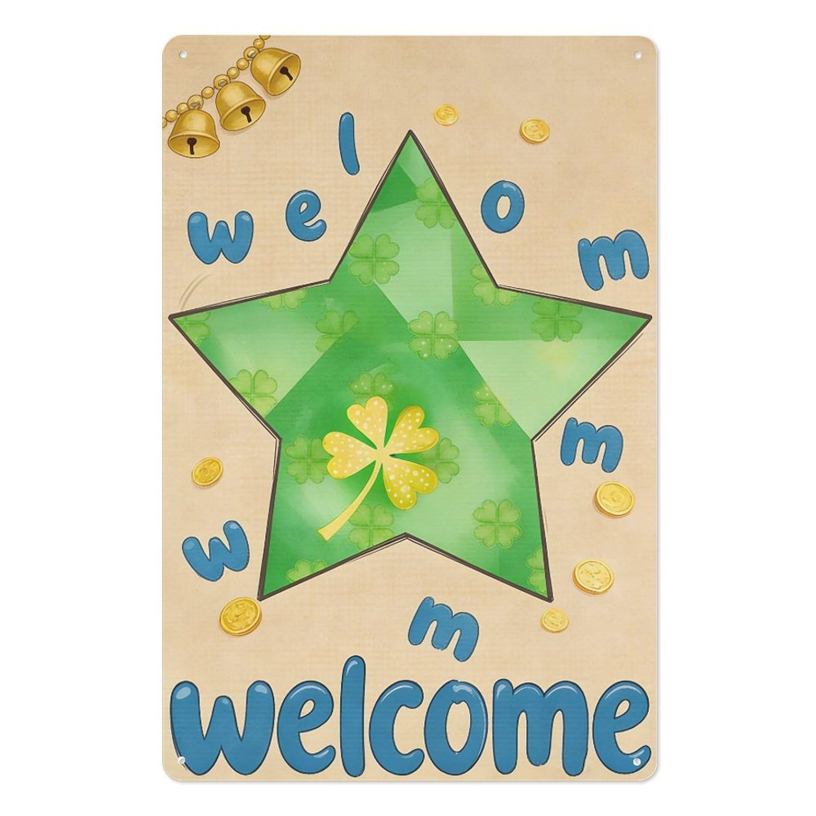 peiyeety 8x12 Inch Lucky Shamrock & Star Metal Tin Sign – Vintage Welcome Wall Art with Golden Coins & Bells for St. Patrick's Day, Home, Pub, or Bar