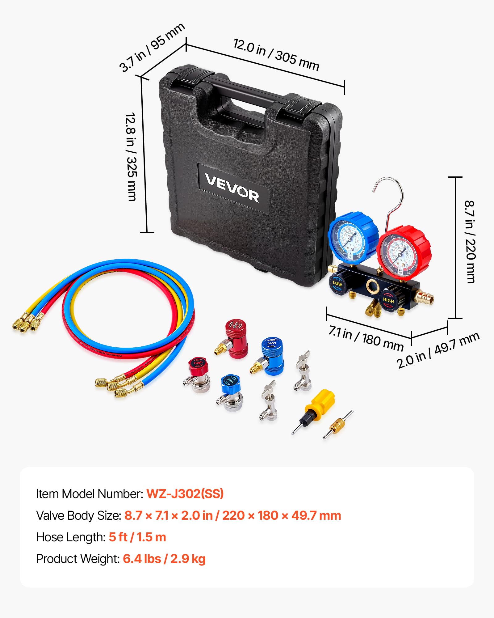 VEVOR Kit de Recharge de Réfrigérant de Climatisation Automobile R134a R404A R1234yf R22, Manomètre Frigoriste 3 Voies, pour Fluide Frigorigène, avec Flexibles, Adaptateurs, Raccords Rapides Robinets
